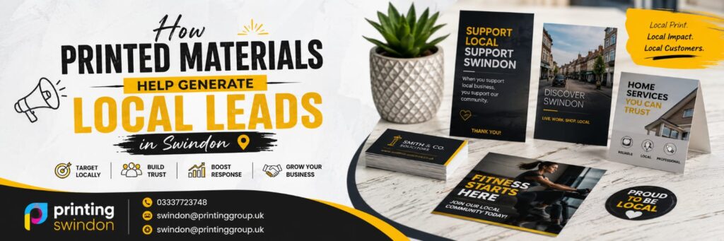 now make a photo based on my title: How Printed Materials Help Generate Local Leads in Swindon
make the photo with attractive design and size will be 1200*400.
note that my website name is: printing swindon,
URL is: swindon@printinggroup.uk
phone number is : 03337723748
email id is: swindon@printinggroup.uk
make a different design this time
